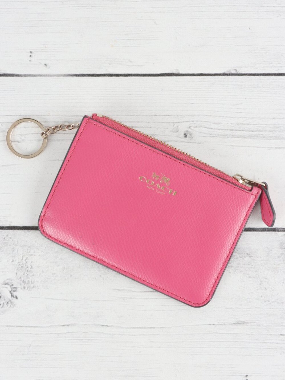 COACH Pink Crossgrain Leather Mini Skinny ID Case Wallet Keychain